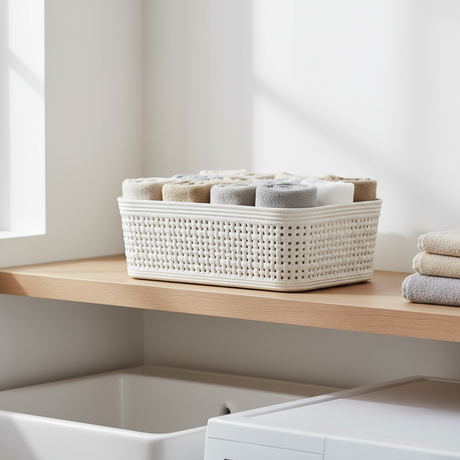 Oppbevaringskurv til baderom sandfarget plast vevd for småoppbevaring 2-pk
