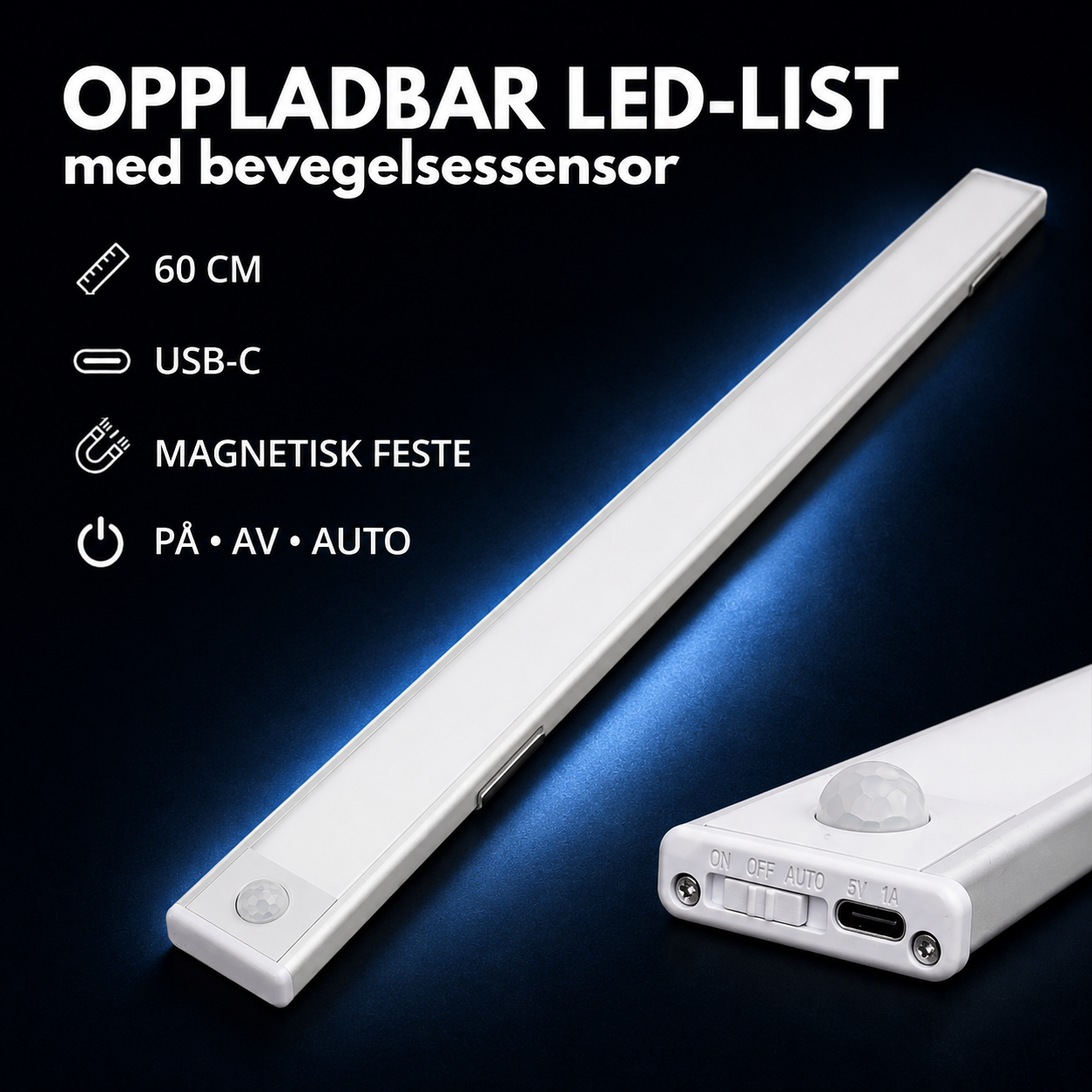 Uppladdbar LED-lista med rörelsesensor 60 cm