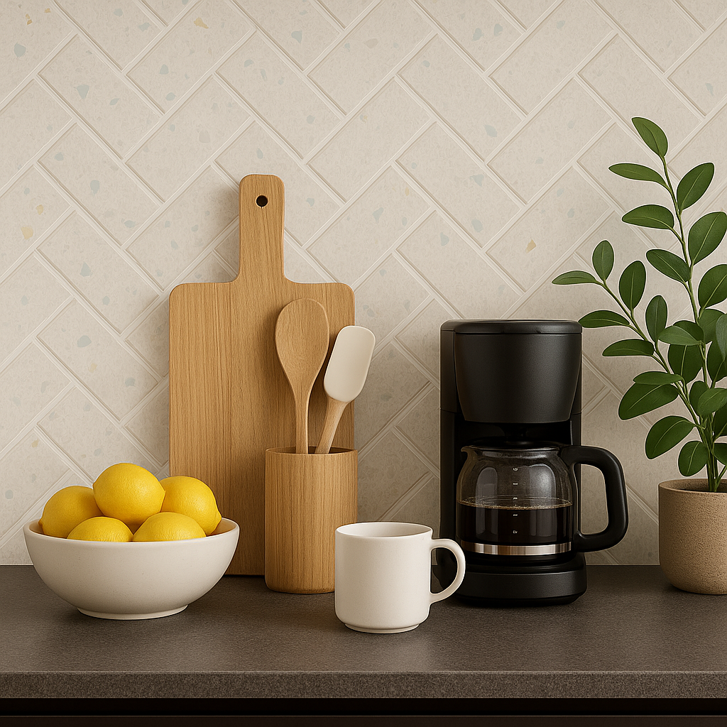 Stilrent kjøkken med selvklebende terrazzo-fliser, kaffetrakter, kopp og grønn plante på mørk benkeplate.