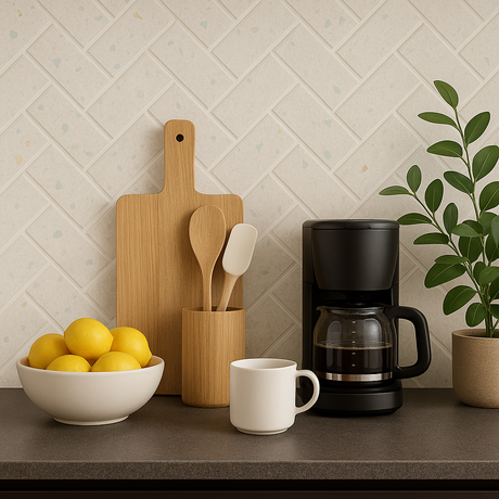 Stilrent kjøkken med selvklebende terrazzo-fliser, kaffetrakter, kopp og grønn plante på mørk benkeplate.