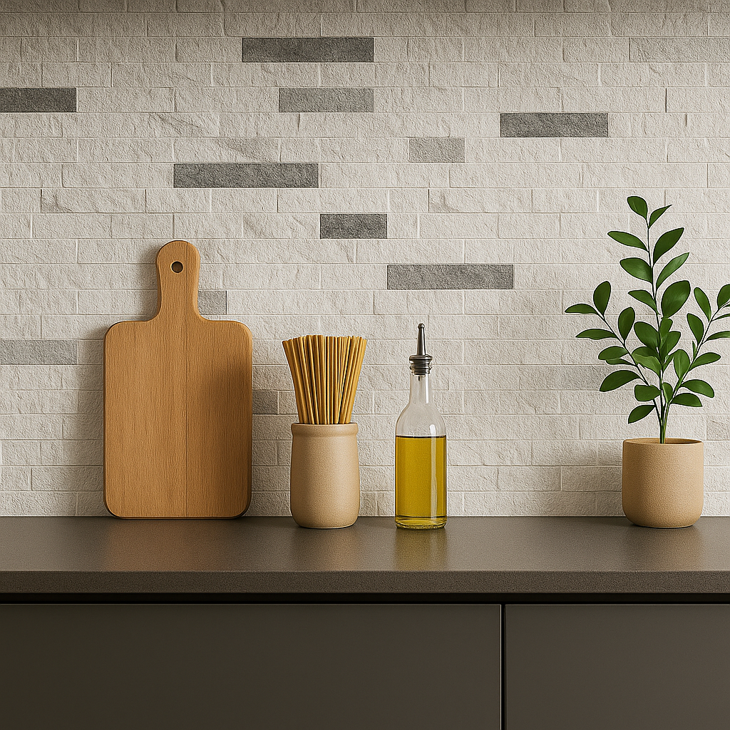 Kjøkken med grå benkeplate og vegg med selvklebende fliser i hvit og mørk steinlook, pyntet med oljeflaske og grønne planter.