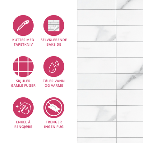 Produktinformasjon og egenskaper ved Amalie selvklebende veggfliser