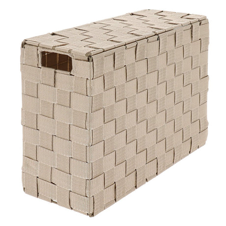 Rektangulær opbevaringskurv i beige polyester med låg.