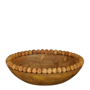 Tello fruktskål i tre med dekorativ kant og rund form på hvit bakgrunn