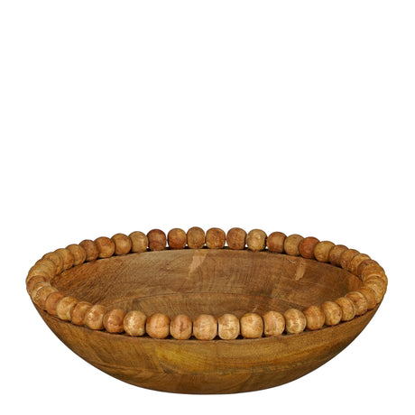 Tello fruktskål i tre med dekorativ kant og rund form på hvit bakgrunn