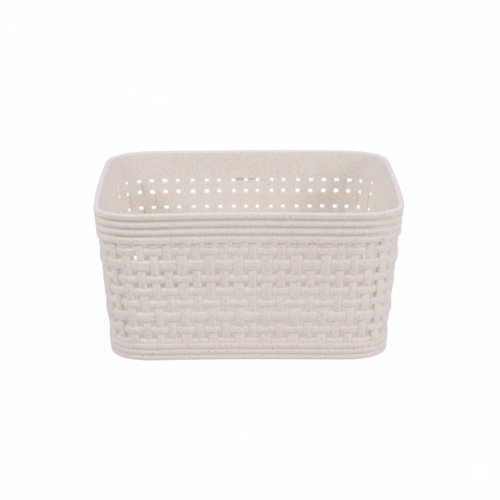 Små oppbevaringskurver beige plast med flettet design 12x12 cm sett av 2"