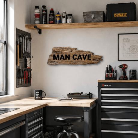 Avlangt MAN CAVE skilt på lys vegg over arbeidsbenk med verktøy og oppbevaring i moderne hobbyverksted.