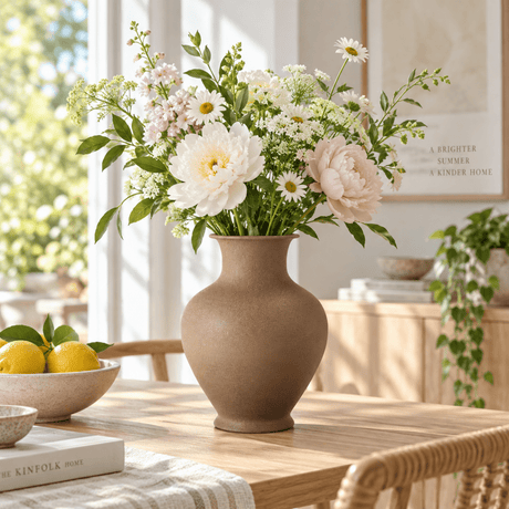 Utsøkt enkel krukke med friske vakre blomster. 