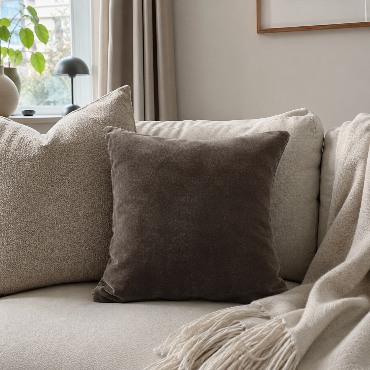 Ollis flanellkudd mörkgrå 38 x 38 cm i en ljus norsk stue med beige soffa och textilier