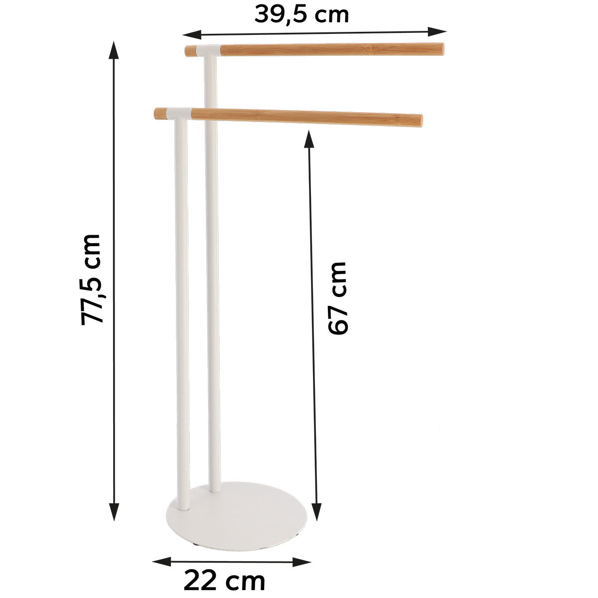 Målritning av handdukssställ i vitt med två bambustänger: höjd 77,5 cm, bredd 39,5 cm, djup 22 cm