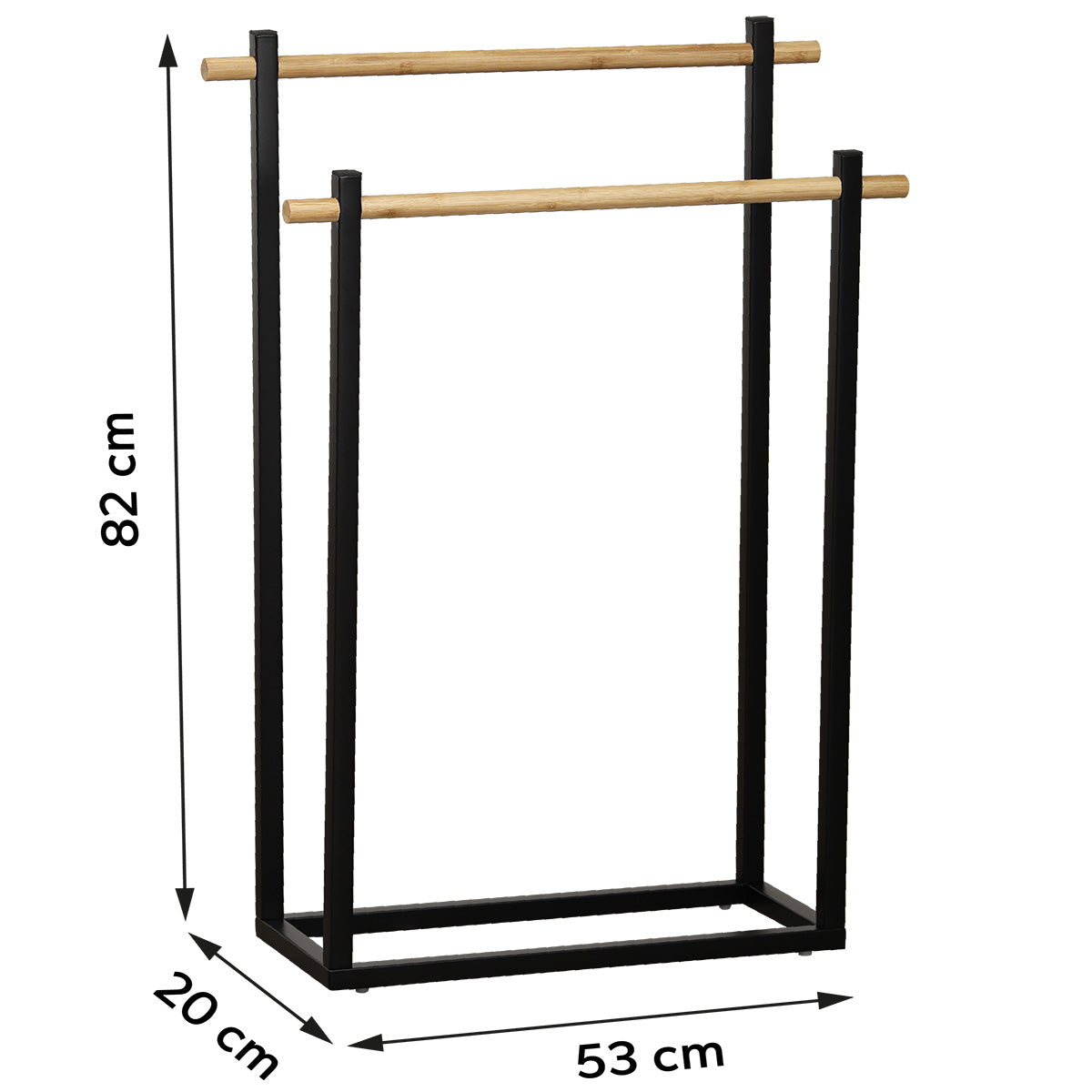 Måltegning av håndklestativ i sort med to bambusstenger: høyde 82 cm, bredde 53 cm, dybde 20 cm