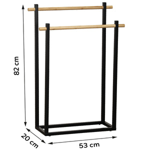 Måltegning av håndklestativ i sort med to bambusstenger: høyde 82 cm, bredde 53 cm, dybde 20 cm