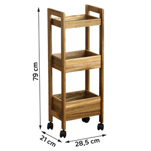 Måltegning av oppbevaringstralle på hjul i akasie med tre hyller: høyde 79 cm, bredde 28,5 cm, dybde 21 cm