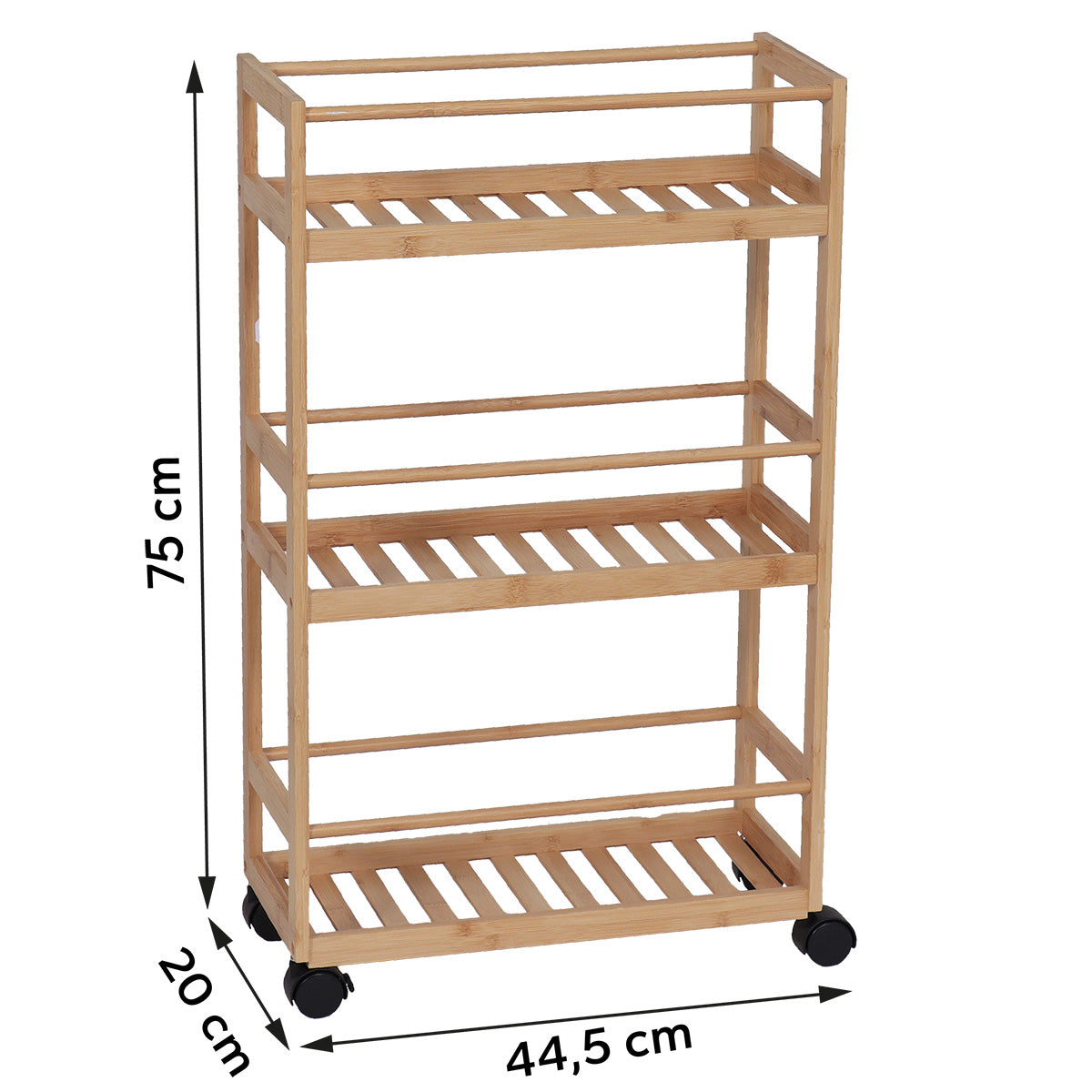 Ritning av förvaringsvagn på hjul av bambu med tre hyllor: höjd 75 cm, bredd 44,5 cm, djup 20 cm