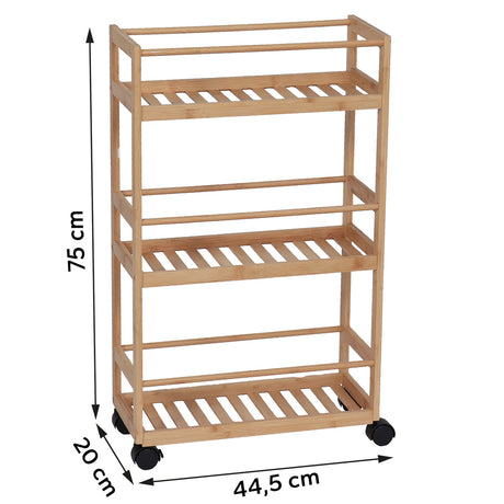Ritning av förvaringsvagn på hjul av bambu med tre hyllor: höjd 75 cm, bredd 44,5 cm, djup 20 cm