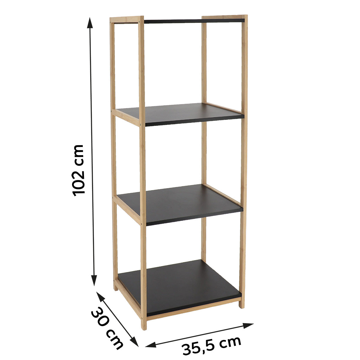 Måltegning av bambusreol med fire hyller i MDF: høyde 102 cm, bredde 35,5 cm, dybde 30 cm