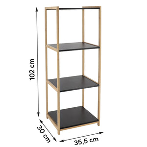 Måltegning av bambusreol med fire hyller i MDF: høyde 102 cm, bredde 35,5 cm, dybde 30 cm