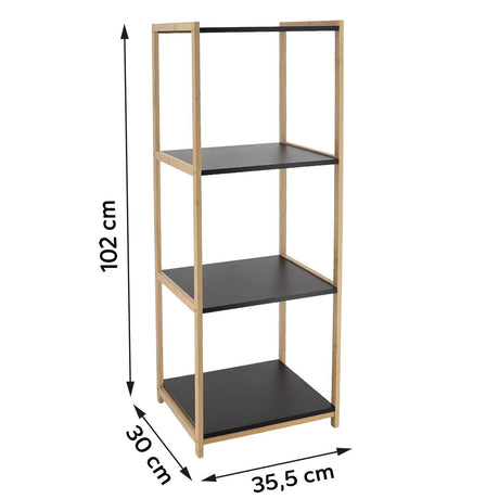 Måltegning af bambusreol med fire hylder i MDF: højde 102 cm, bredde 35,5 cm, dybde 30 cm