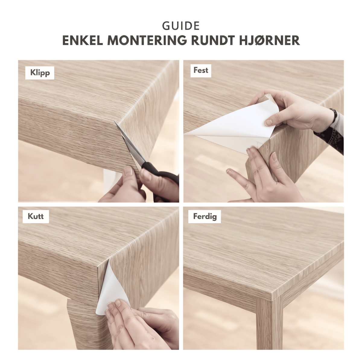 Monteringsguide for Blond Oak kontaktplast rundt hjørner i fire steg: klipp, fest, kutt, ferdig