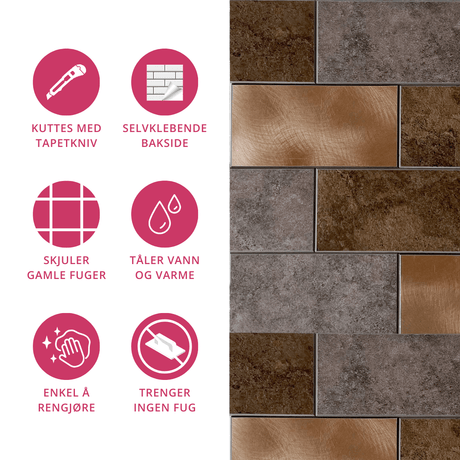 Detaljbilde av Bente subway veggfliser med metallinnslag og naturlige jordtoner