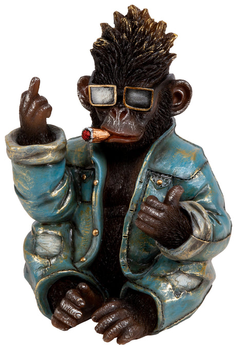 Apekatt-figur i blå jakke med solbriller og sigar