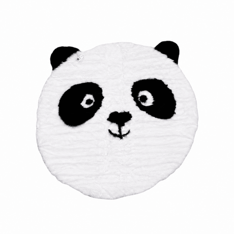 Rundt pandateppe i svart og hvitt med pandaansikt og utstikkende ører, mykt barneteppe i polyester med 100 cm diameter.