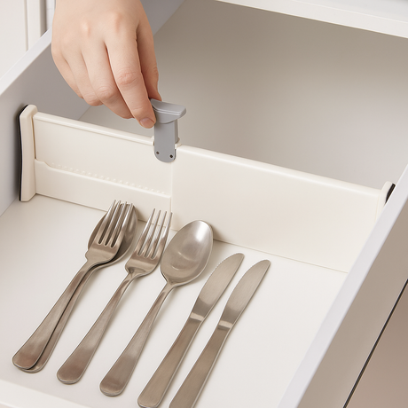 Justerbar skuffedeler i hvit skuff med bestikk – gir oversikt og struktur på kjøkkenet.