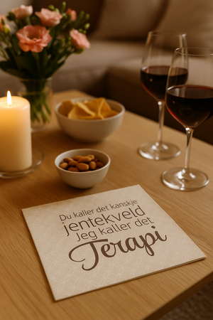 Beige serviett med teksten Du kaller det kanskje jentekveld jeg kaller det terapi, liggende på stuebord med vinglass, snacks, blomster og levende lys i en koselig jentekveld-atmosfære.