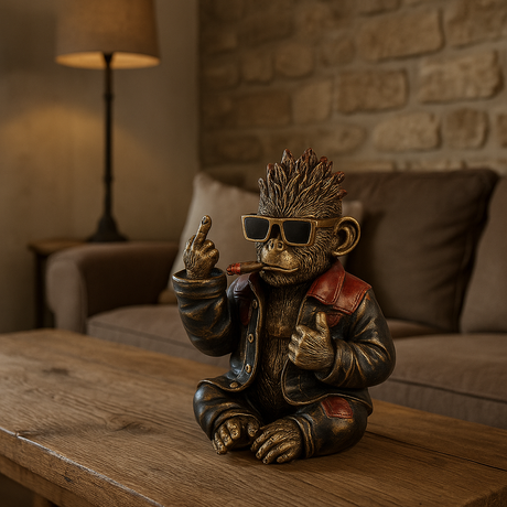 Apefigur med solbriller og sigar på arbeidsbord foran grå murvegg