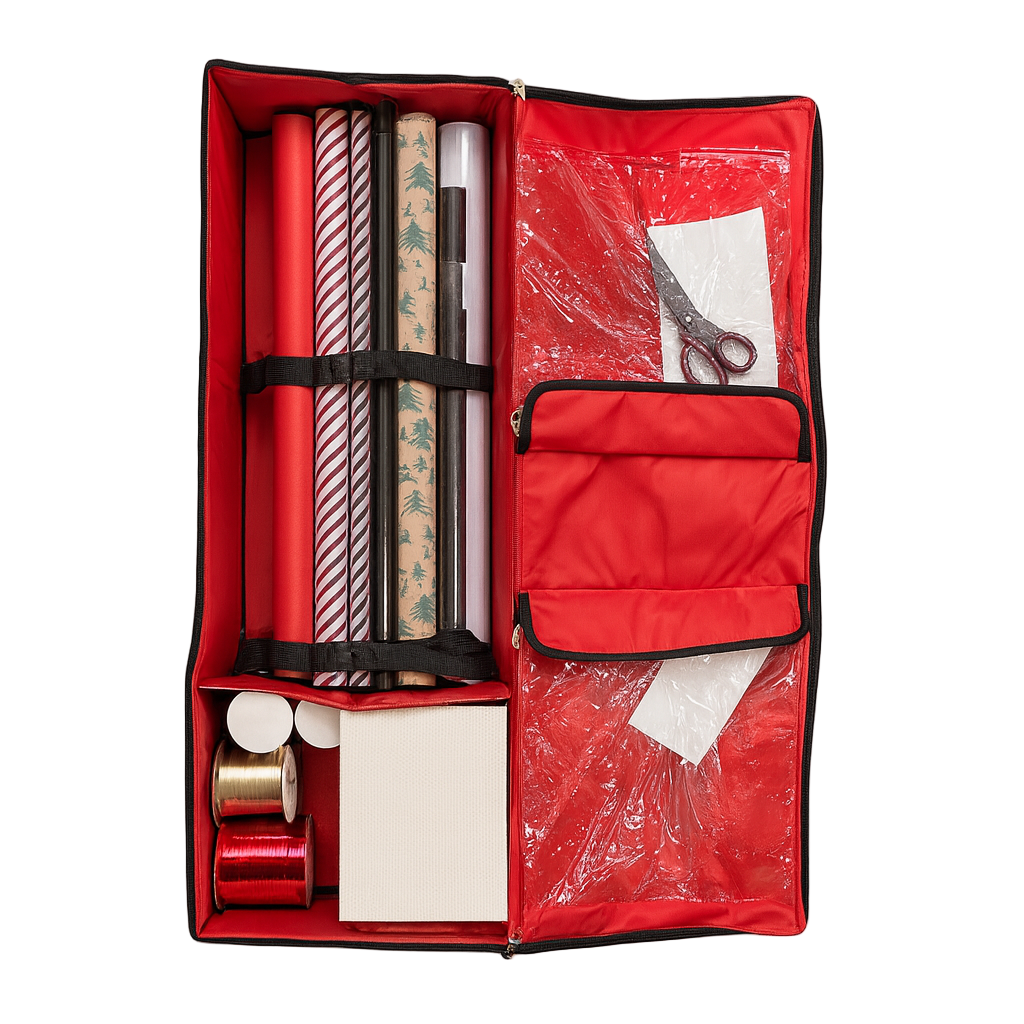 Rød gavepapir-organizer med sort kant, fylt med gaveesker, gavebånd og innpakningspapir på lyst bakteppe.