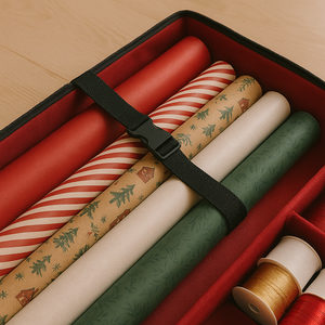 Rød oppbevaringsboks for gavepapir og bånd, med tydelig struktur og sort kant mot lys bakgrunn.