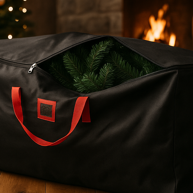 Praktisk juletreoppbevaring i slitesterkt materiale, stående på et varmt opplyst loft.