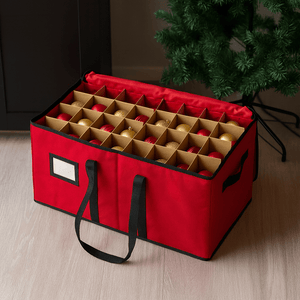 Rød opbevaringsboks til julekugler med sorte håndtag står åbent på gulvet mens familien pyntker juletreet.