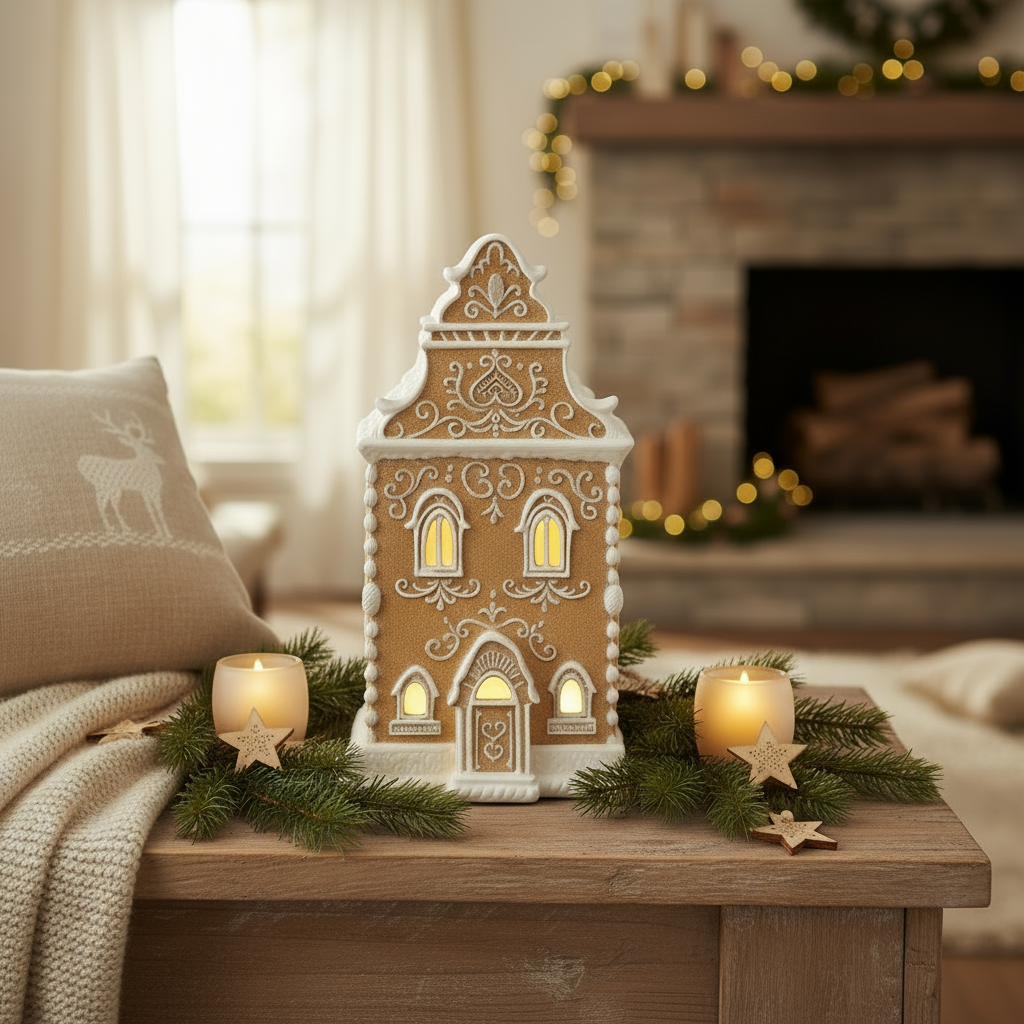 Pepperkakehus i polyresin sett fra siden med hvit glasur-inspirert dekor.