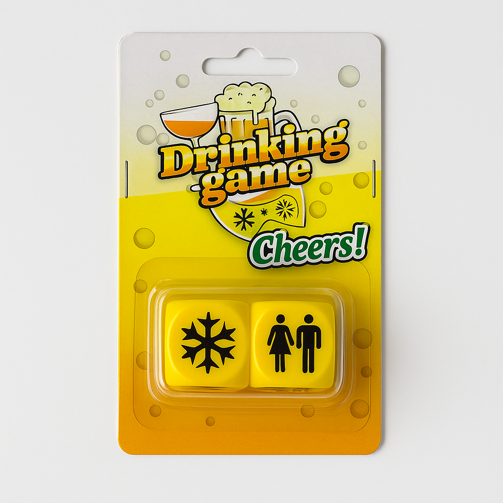 Gult spill «Drinking Game Cheers!» med to terninger i blisterpakning, plassert på stuebord i koselig interiør.
