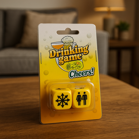 Pakke med «Drinking Game» terninger på et trebord i en moderne stue, med sofa og lampe i bakgrunnen.