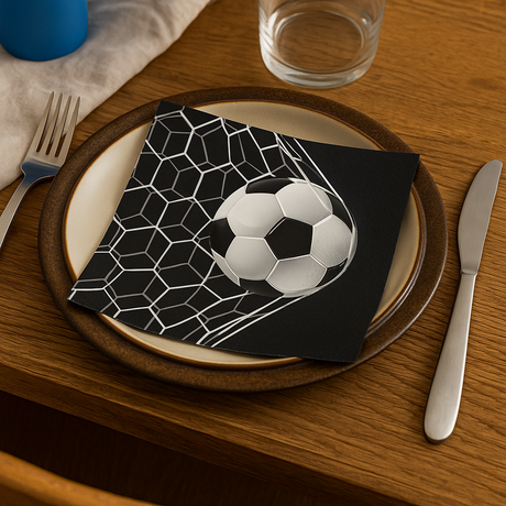 Serviett med fotballmotiv ligger på tallerken på et sporty dekket bord.
