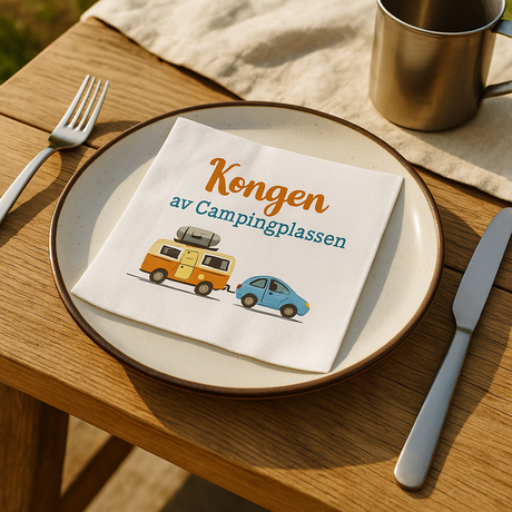 Serviett med teksten «Kongen av Campingplassen» ligger på tallerken på sommerlig trebord utendørs.
