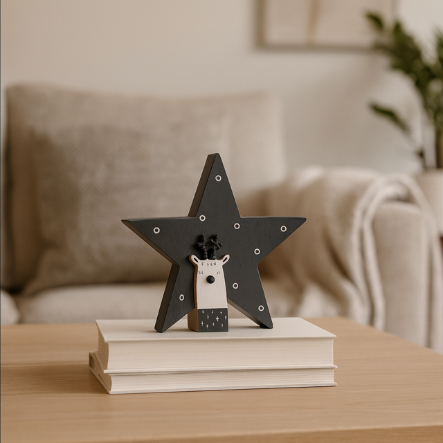 Svart og naturfarget stjernefigur med reinsdyr brukt som borddekor til jul