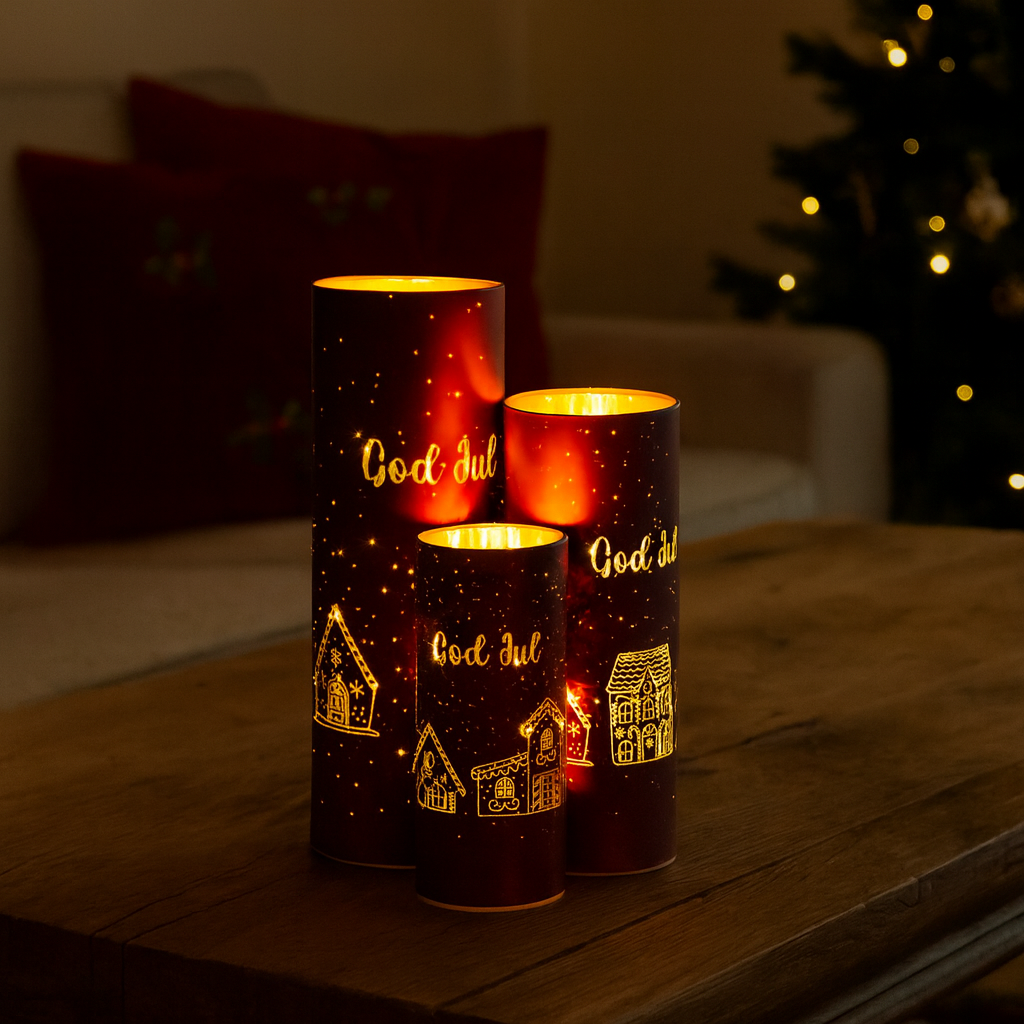 Lyslykt med LED-lys og gullfarget pepperkakehus-design