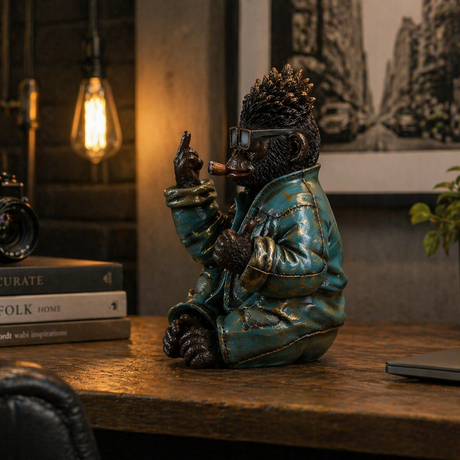 Dekorativ apefigur med attitude i sort og blå finish