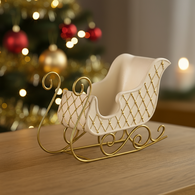 Elegant hvit slede med gullrutemønster og metallmeder brukt som juledekorasjon på et pyntet bord med granbar og vinglass