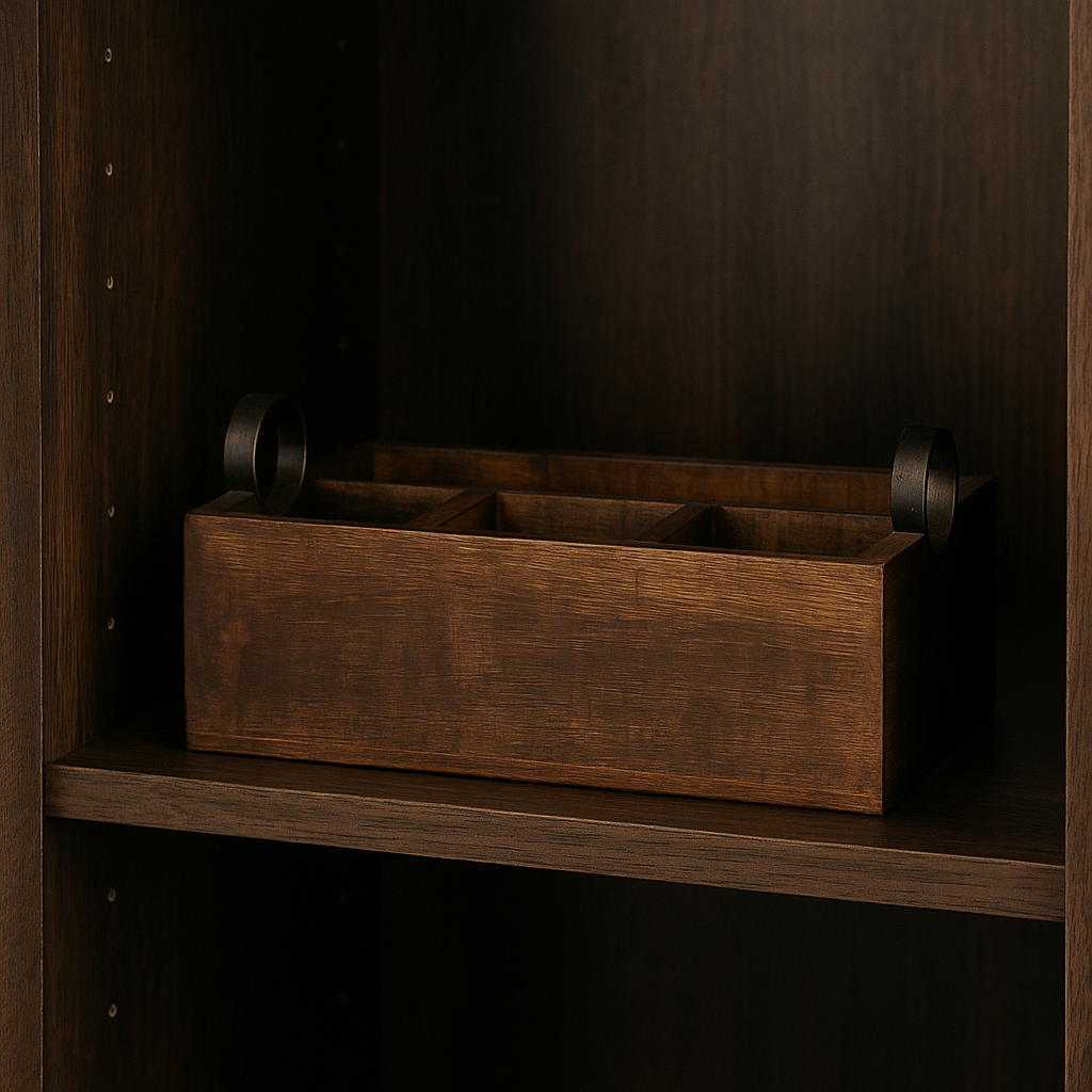 Mørk brun krydderboks i tre med metallhåndtak, plassert inne i et kjøkkenskap på en trehylle.