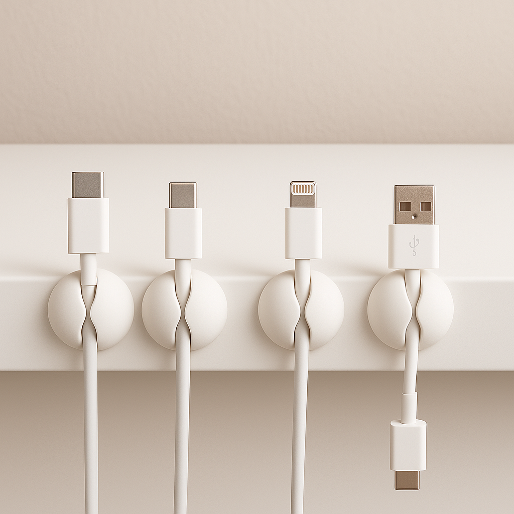 Minimalistisk kabelholder i plast eller gummi, brukt for å organisere en enkelt kabel.