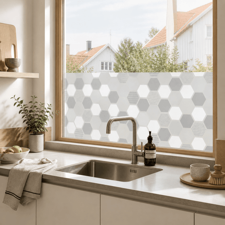 Vindusfolie med moderne hexagonmønster brukt på kjøkkenvindu over benk