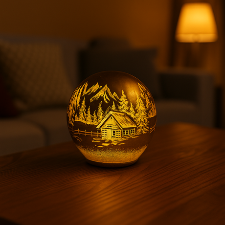 Lyslykt LED antikkbrun vinter kule – dekorativ glasskule 15 cm med vintermotiv av hytte, skog og fjell. Perfekt julepynt og vinterdekorasjon.