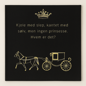 Elegant papirserviett i svart med gulltrykk og humoristisk gåte til festlig anledning.