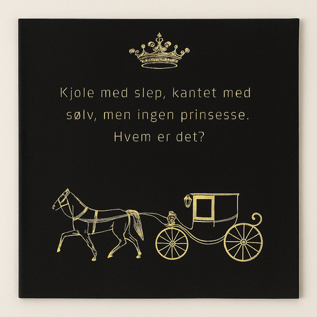 Elegant papirserviett i svart med gulltrykk og humoristisk gåte til festlig anledning.