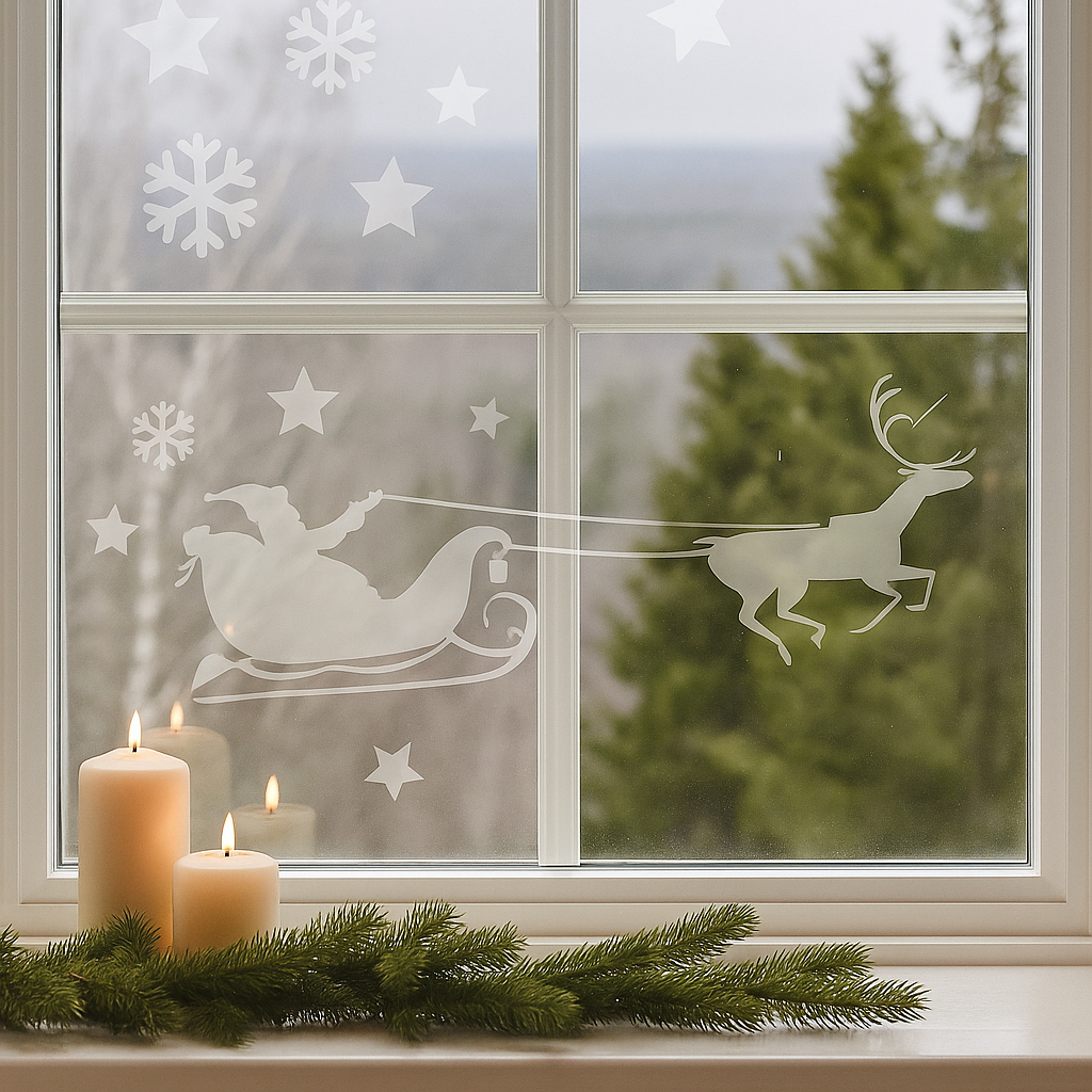 Et stort vindu dekorert med hvite julesjablonger som viser snøfnugg, stjerner og reinsdyr. Perfekt for å skape en koselig og stemningsfull julestemning i hjemmet.