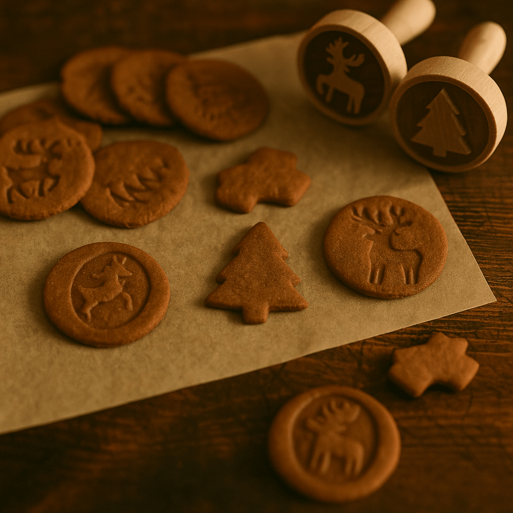 Pepparkakor formade med kakstämplar, dekorerade med reinsdyr- och juletremotiv.